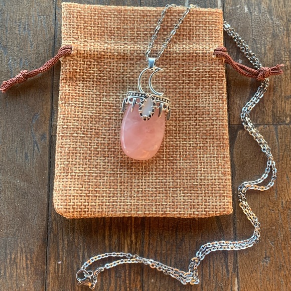 Rose Quartz Necklace Celestial Rose Quartz Pendant with Stainless Steel Chain - Picture 1 of 3